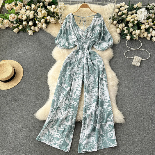 Women's V-Neck Floral Print Jumpsuit - Dolman Sleeves Wide Leg Trousers