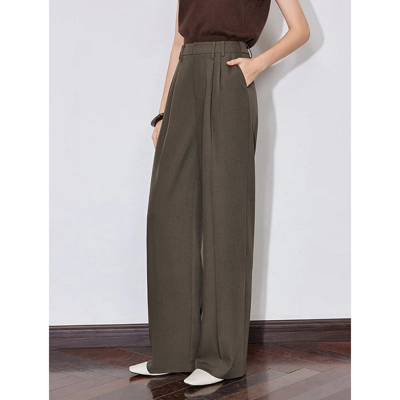 Women's High Waist Straight Leg Suit Trousers with Pockets | Brown