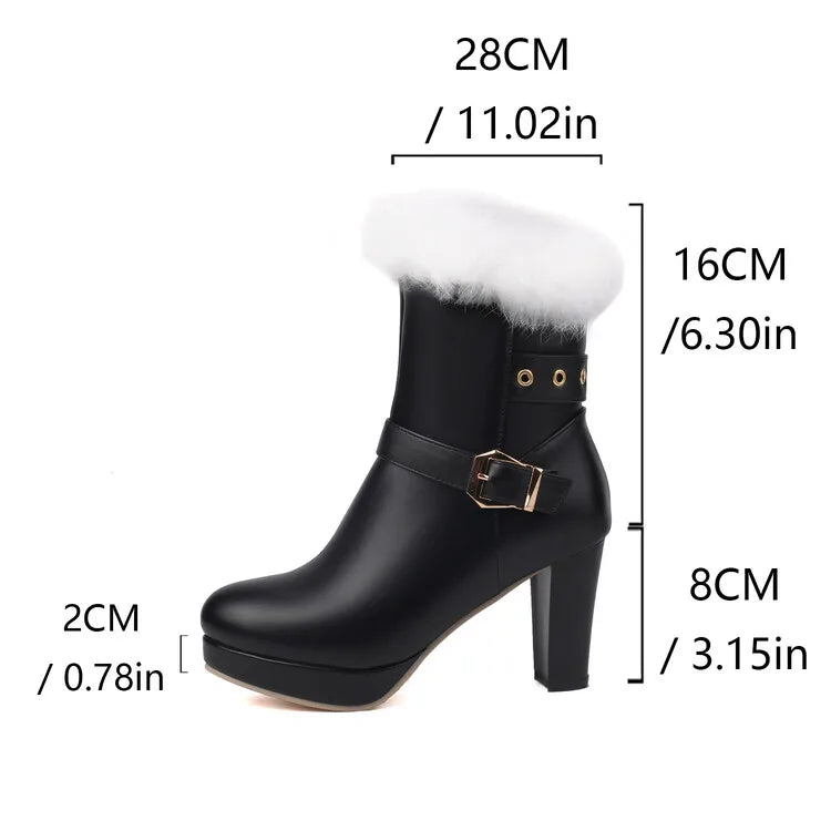 Studded Ankle Boots - 8cm High Heel with Plush Collar and Metal Belt