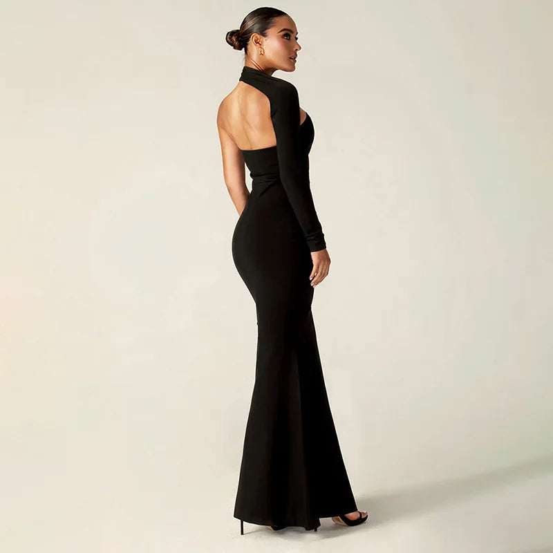 Women's One Shoulder Split Maxi Dress Outfit - Long Sleeve Dress Gown