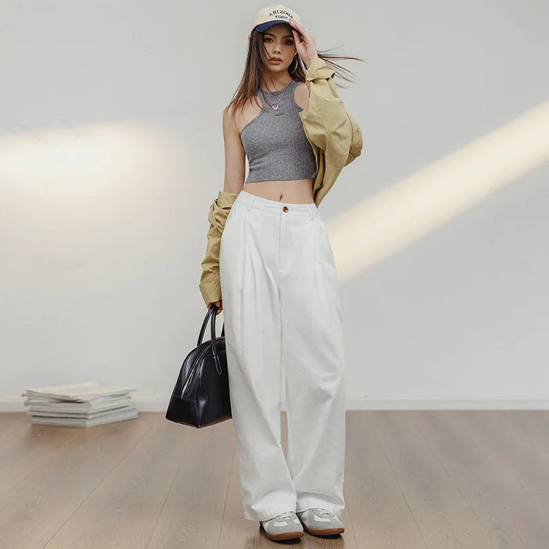 Women's White 100% Cotton Wide-Leg Cargo Trousers | Loose Straight Streetwear Pants