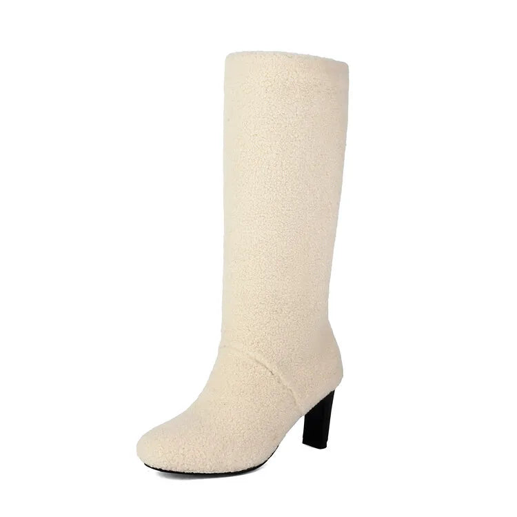 Faux Fur Lined Knee High Boots - 7cm Square Heel Winter Boots