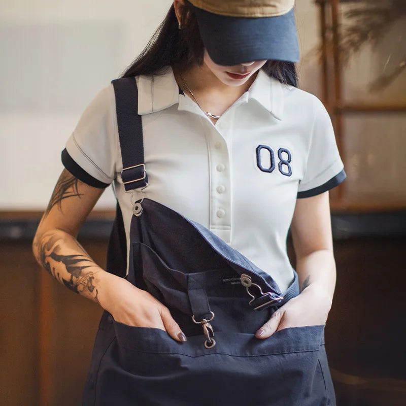 Women's White Embroidered Polo Shirt - Preppy Short Sleeve Tennis Top with Color-Block Design