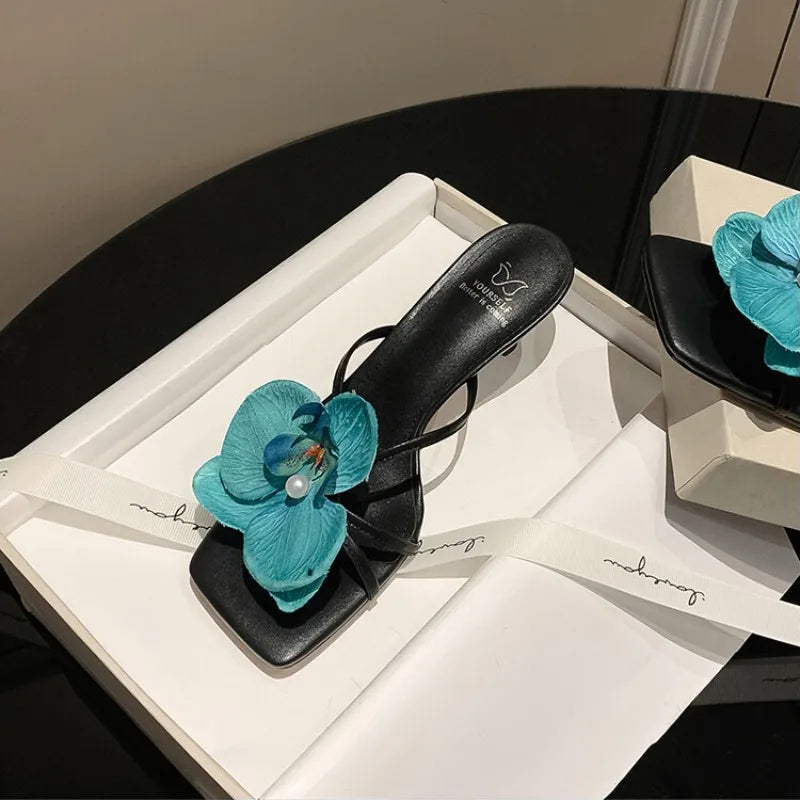 Women's 3D Flower Beach Slippers - Square Toe Heel Sandals