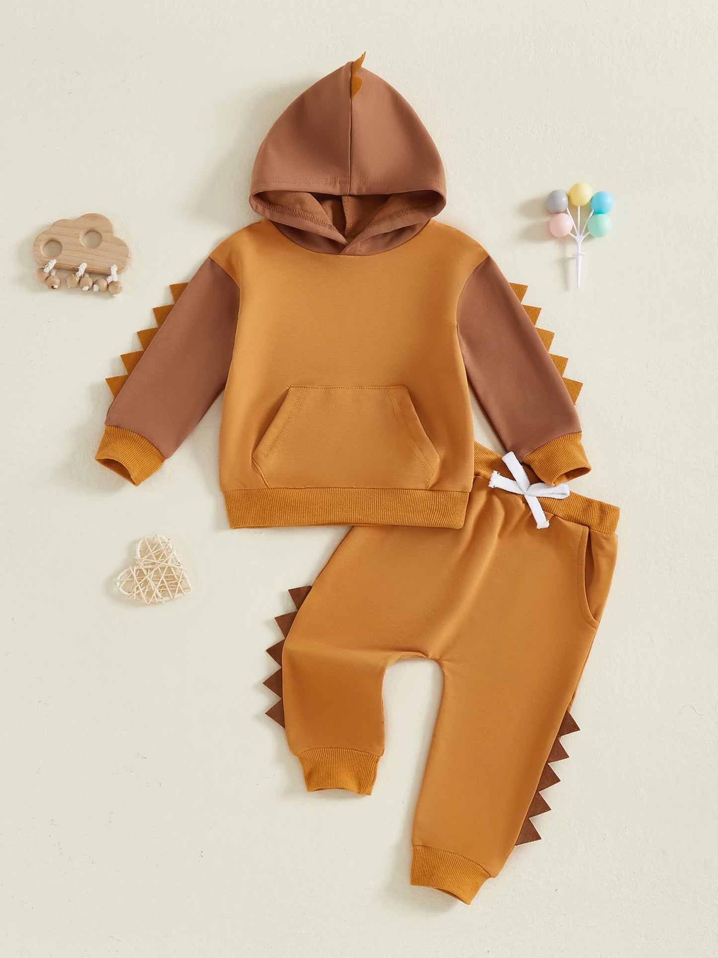 Toddler Dinosaur Hooded Outfit Set - Contrast Color Long Sleeve Top & Pants (0-5Y)