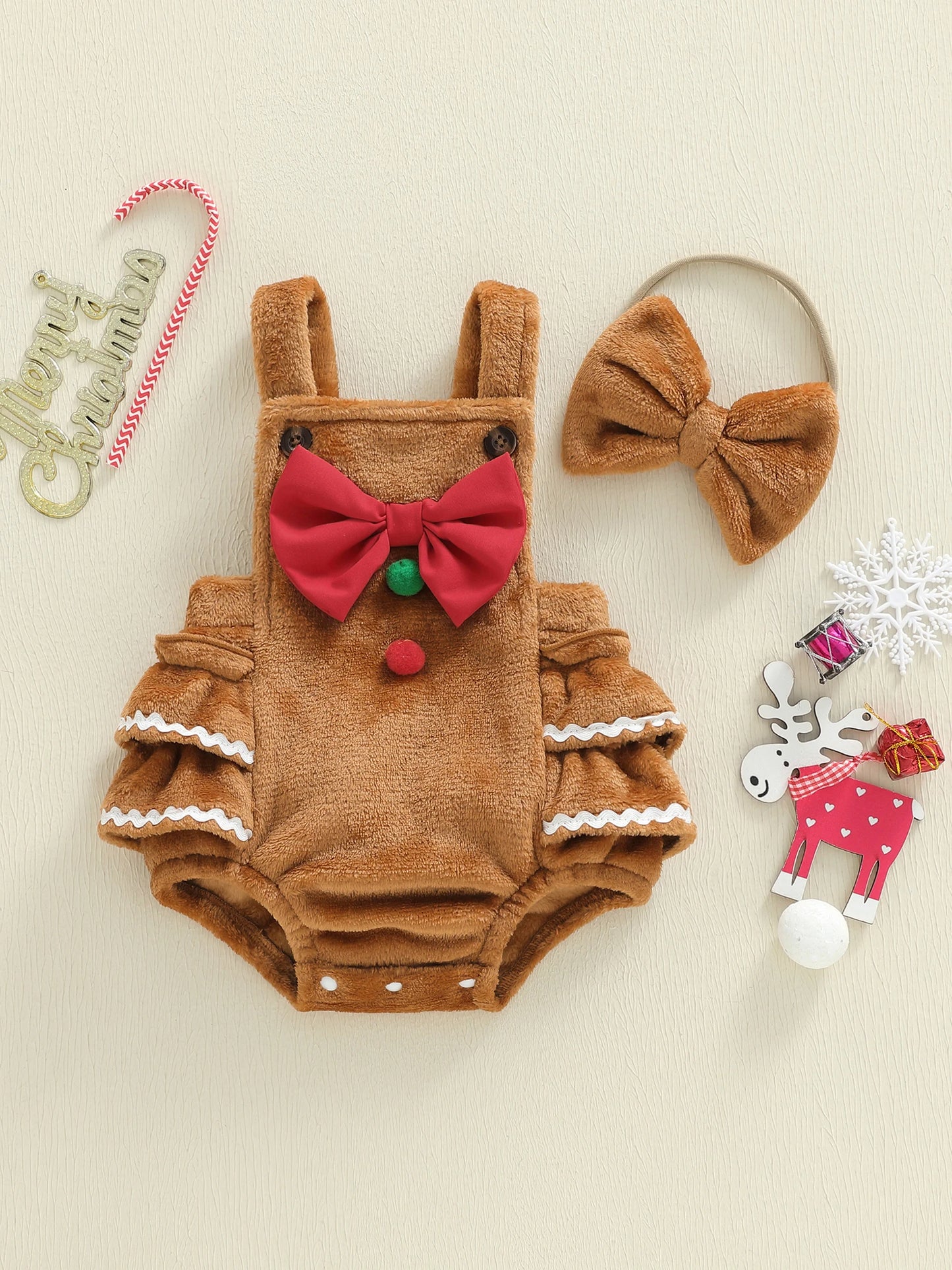 Baby Girls' Christmas Romper Outfit - Gingerbread Man Sleeveless Jumpsuit with Hairband