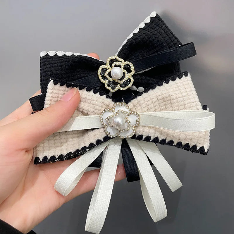 Retro Fabric Bow Tie Camellia Pearl Brooch - Women's Shirt Sweater Collar Pin Necktie