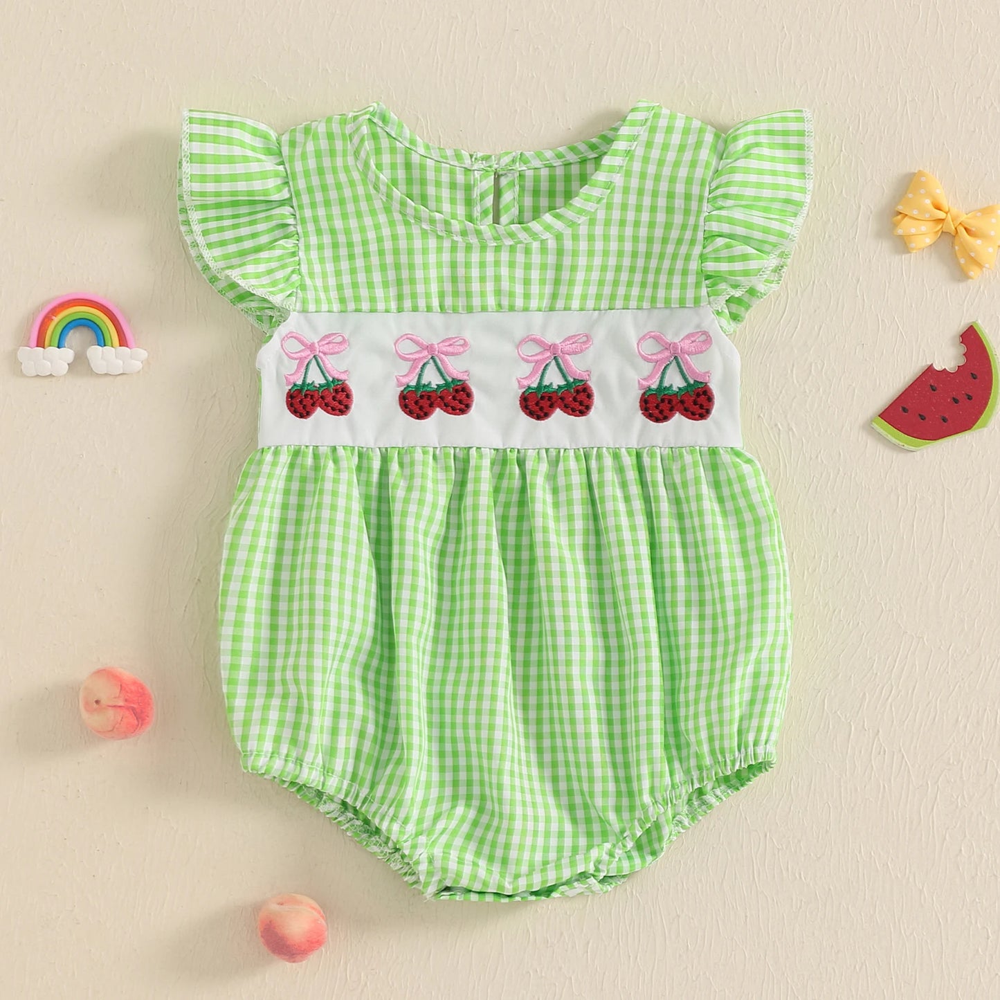 Baby Fruit Embroidery Romper - Ruffles Fly Sleeves Plaid Print Jumpsuit (0-18M)