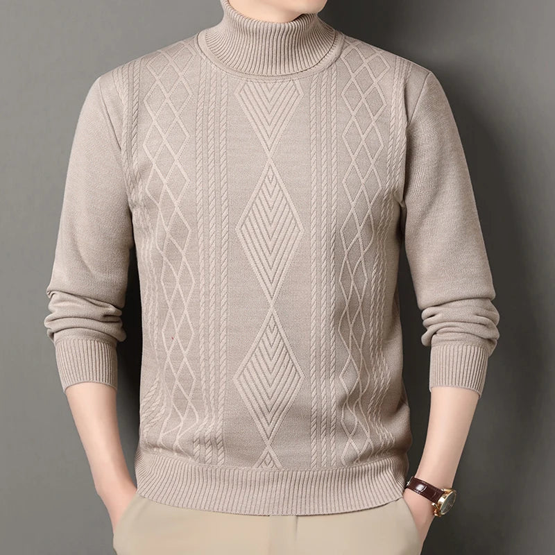 Men's Winter Fleece Warm Turtleneck Sweater - Geometric Knit Pullover