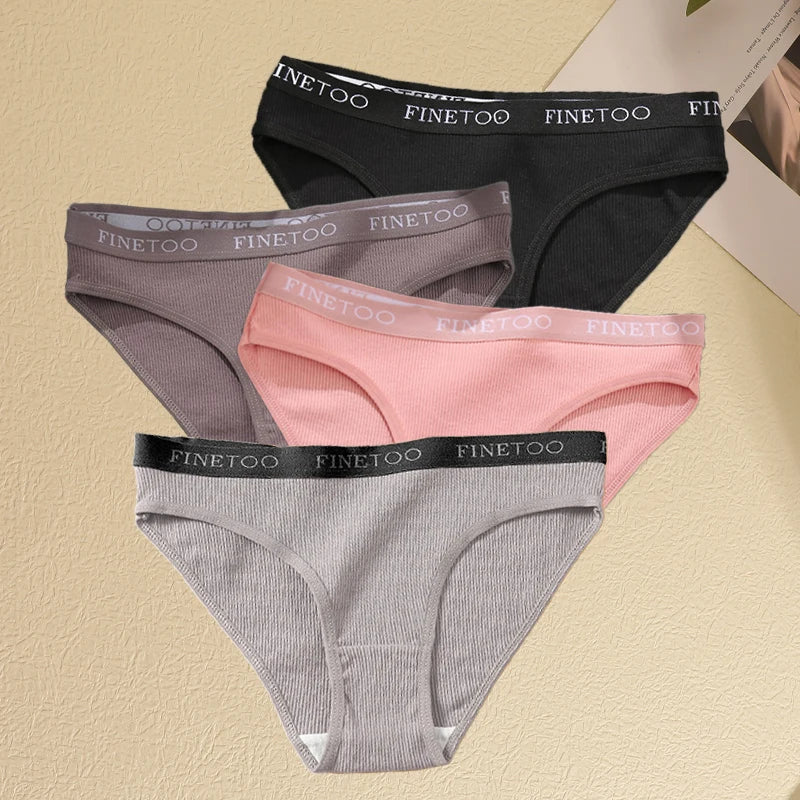 Women's 4Pcs Cotton Striped Underwear Panties Letter Belt Briefs  Low Waist Lingerie