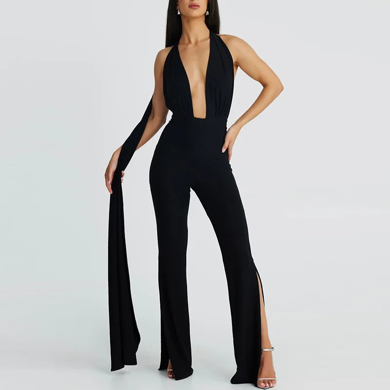 Women's Deep V Wrap Around Halter Backless Flare Pants Jumpsuit -  One-Piece Rompers Overalls