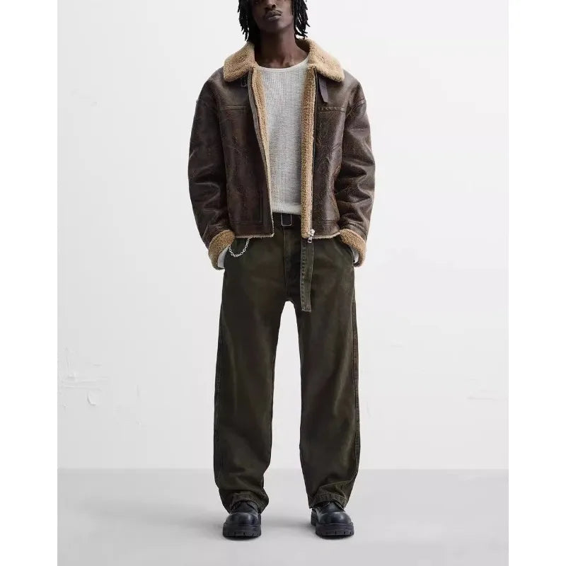 Men's Winter Lapel-Neck Jacket - Double-Sided Lamb Wool with Suede Piping