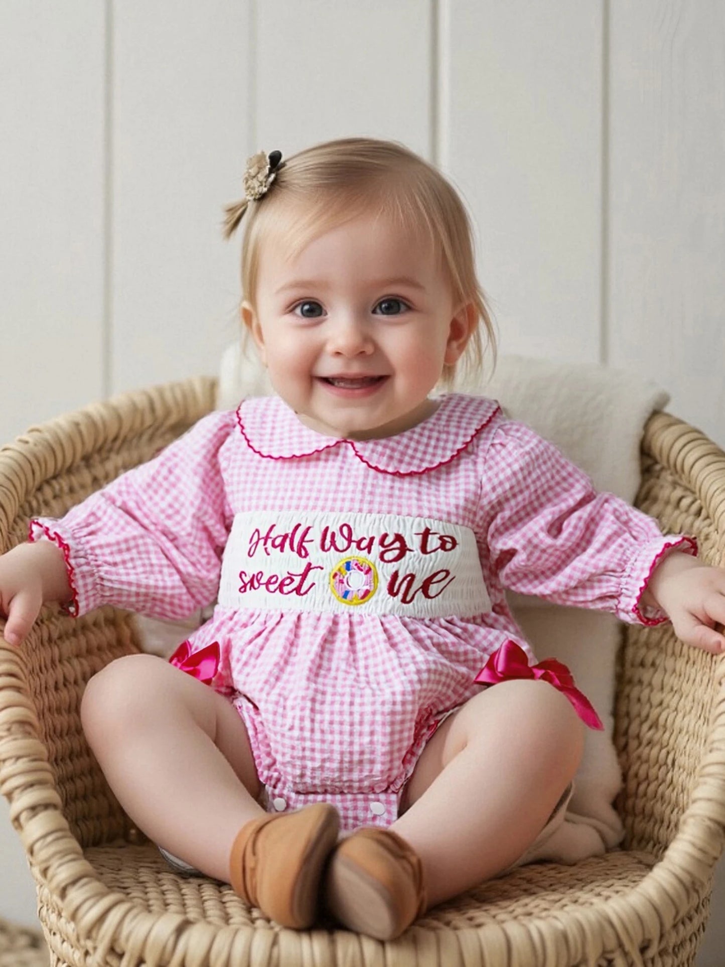 Newborn Baby Girls' Plaid Bubble Romper - Letter Embroidery Doll Collar Smocked Jumpsuit