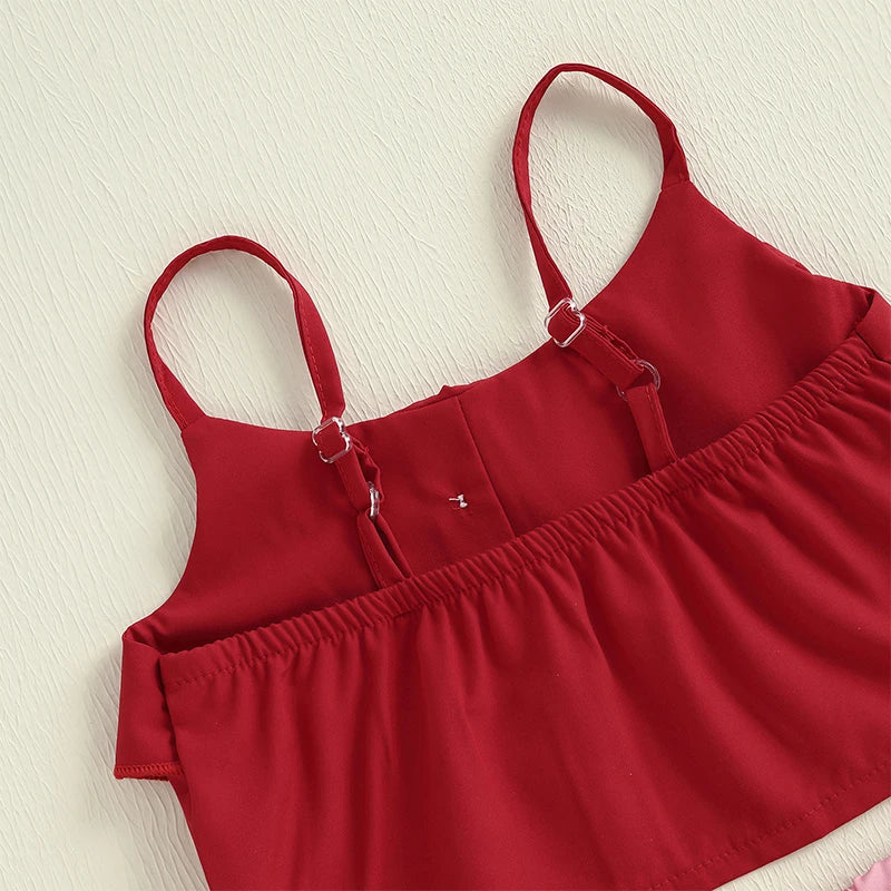 3-6Y Kids Girls Clothes Set Outfit Heart Print Sleeveless Camisole Low Ruffles Skirt Shorts Set