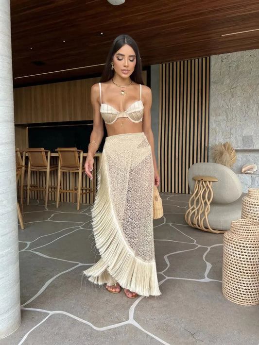 Women's 3-Piece Solid Bikini Set - Padded Bra, Tassel High Waist & Beach Skirt