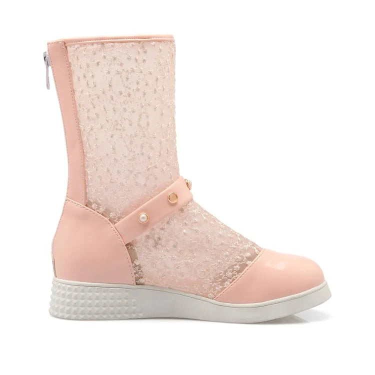 Women's Leather Splicing Mesh Pearl Metal Decoration Zipper Ankle Boots