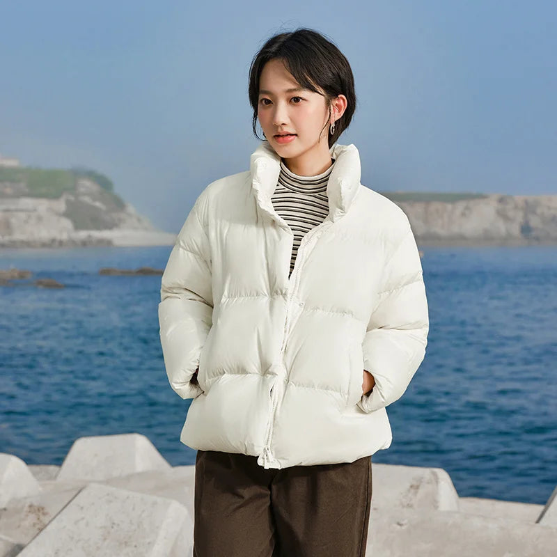 Down Jacket Women Three-Proof Solid Color Stand-Up Collar Loose Simple Winter Versatile Goose Warm