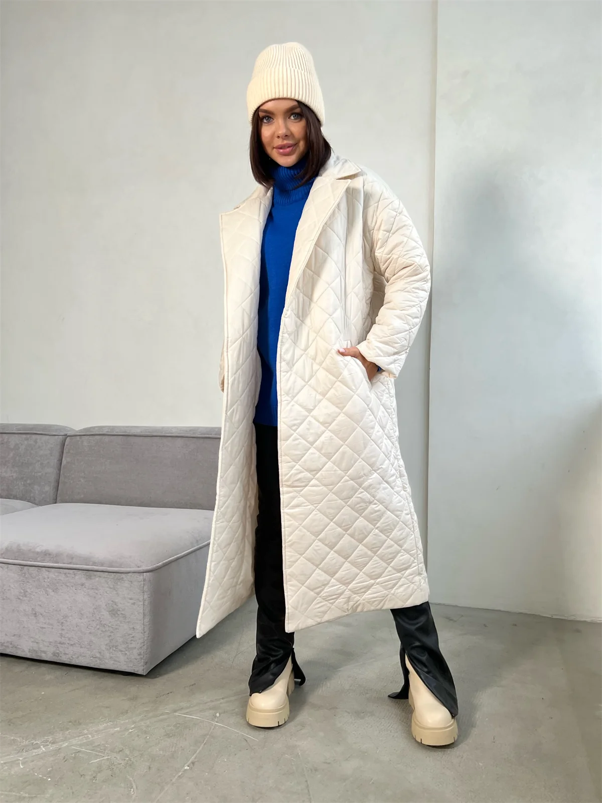 Women's Long Sleeve Parkas Quilted with Belt Trench Coat Warm Down Jacket