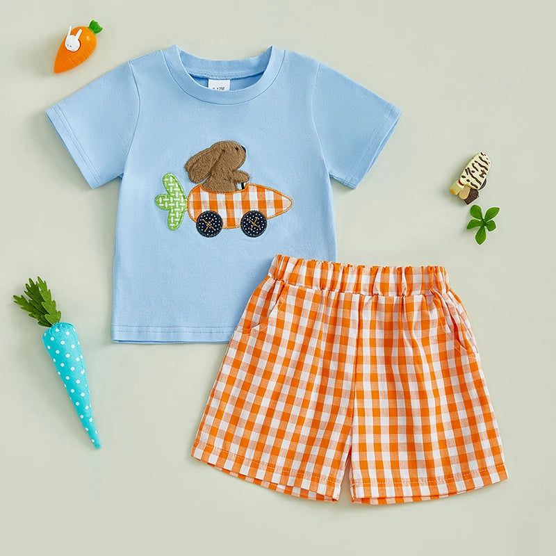 0-4Y Toddler Kids Boys Easter Clothes Set 2pcs Rabbit Embroidery Short Sleeve  Plaid T-Shirt with Elastic Waist Shorts