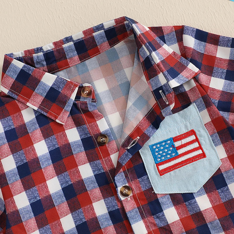 0-5Y American Flag Kids Boys Shirts Short Sleeve Plaid Print Button Down Shirts Toddler Summer Top