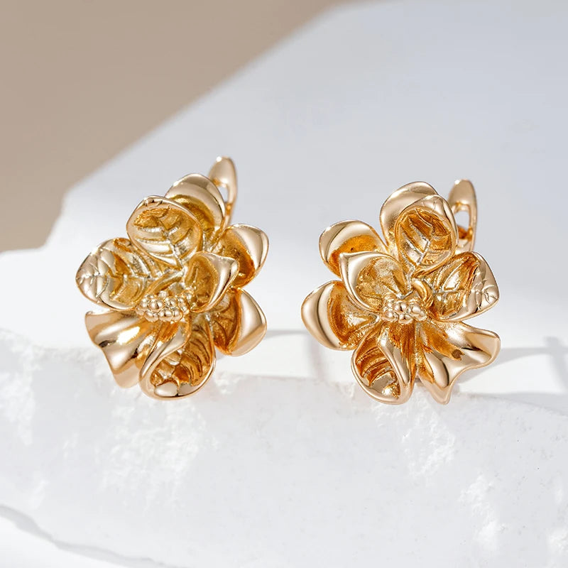 Unique Glossy Metal Flower Dangle Earrings - Rose Gold