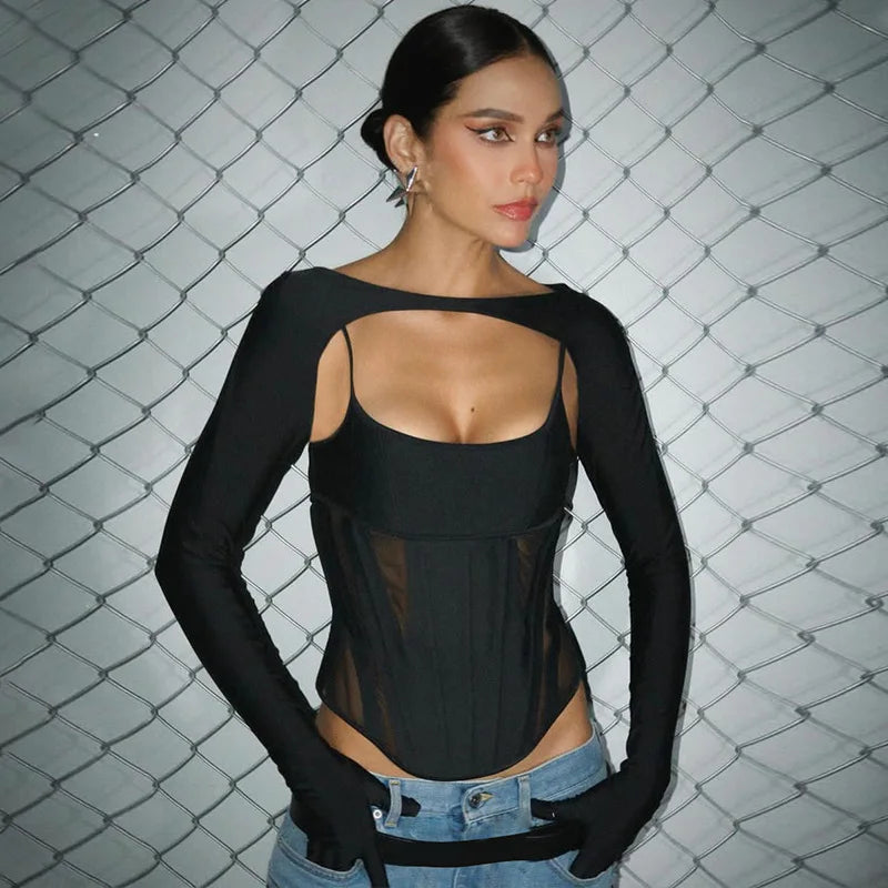 Women's 2 Piece Set Long Sleeve Corset Top -  Backless Detail Mesh Cami Crop Top