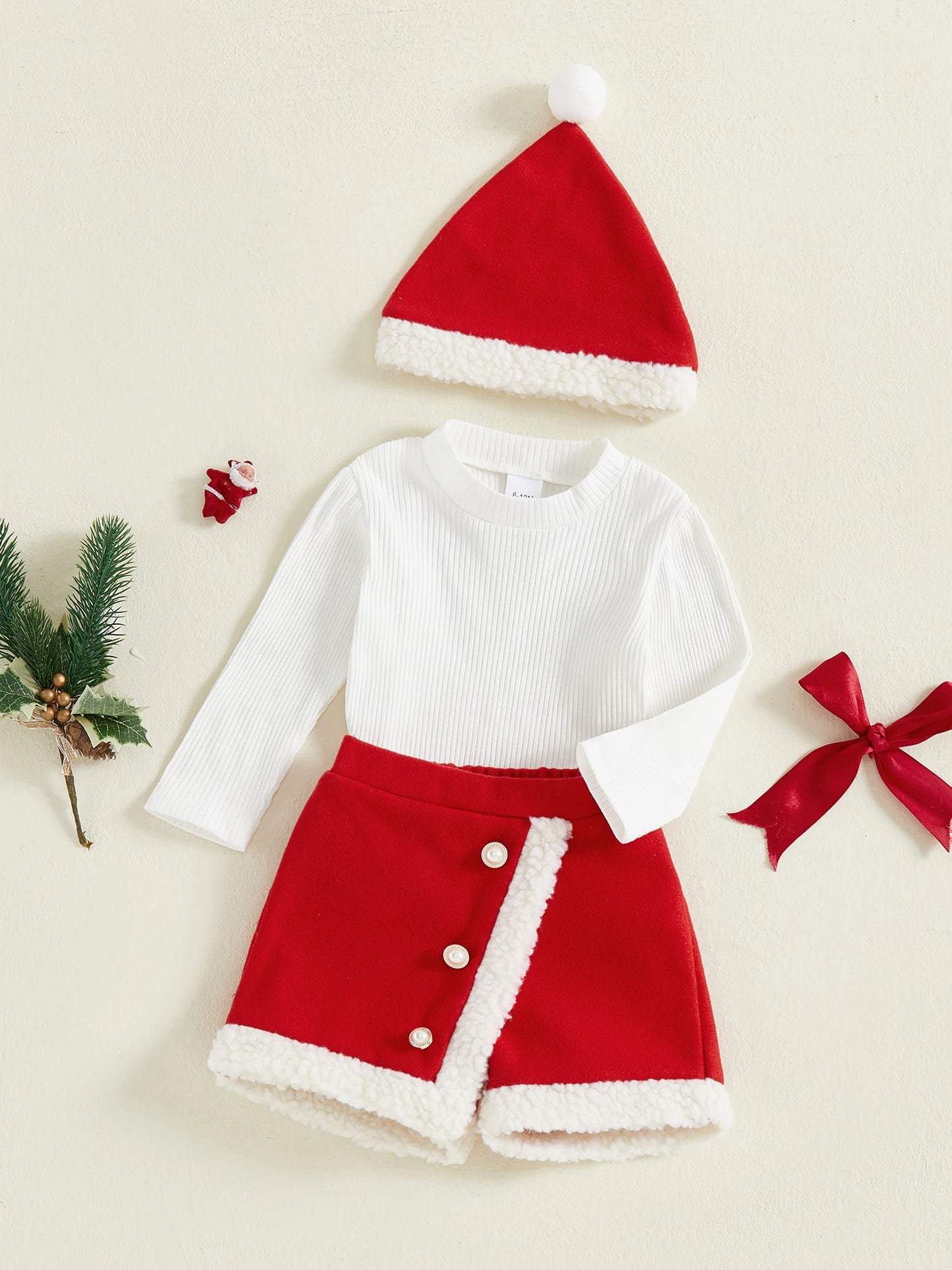 Baby Girls Christmas Outfit Set - Long Sleeve Top, Skirt Shorts & Santa Hat (0-4Y)