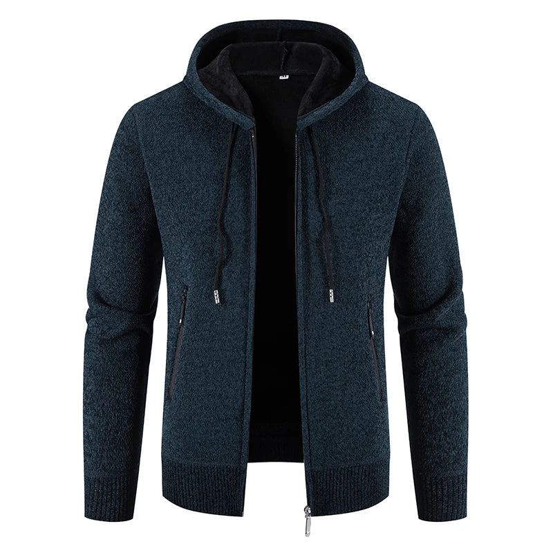 Men's Hooded Fleece Cardigan - Warm Knitted Sweater Jacket with Zipper
