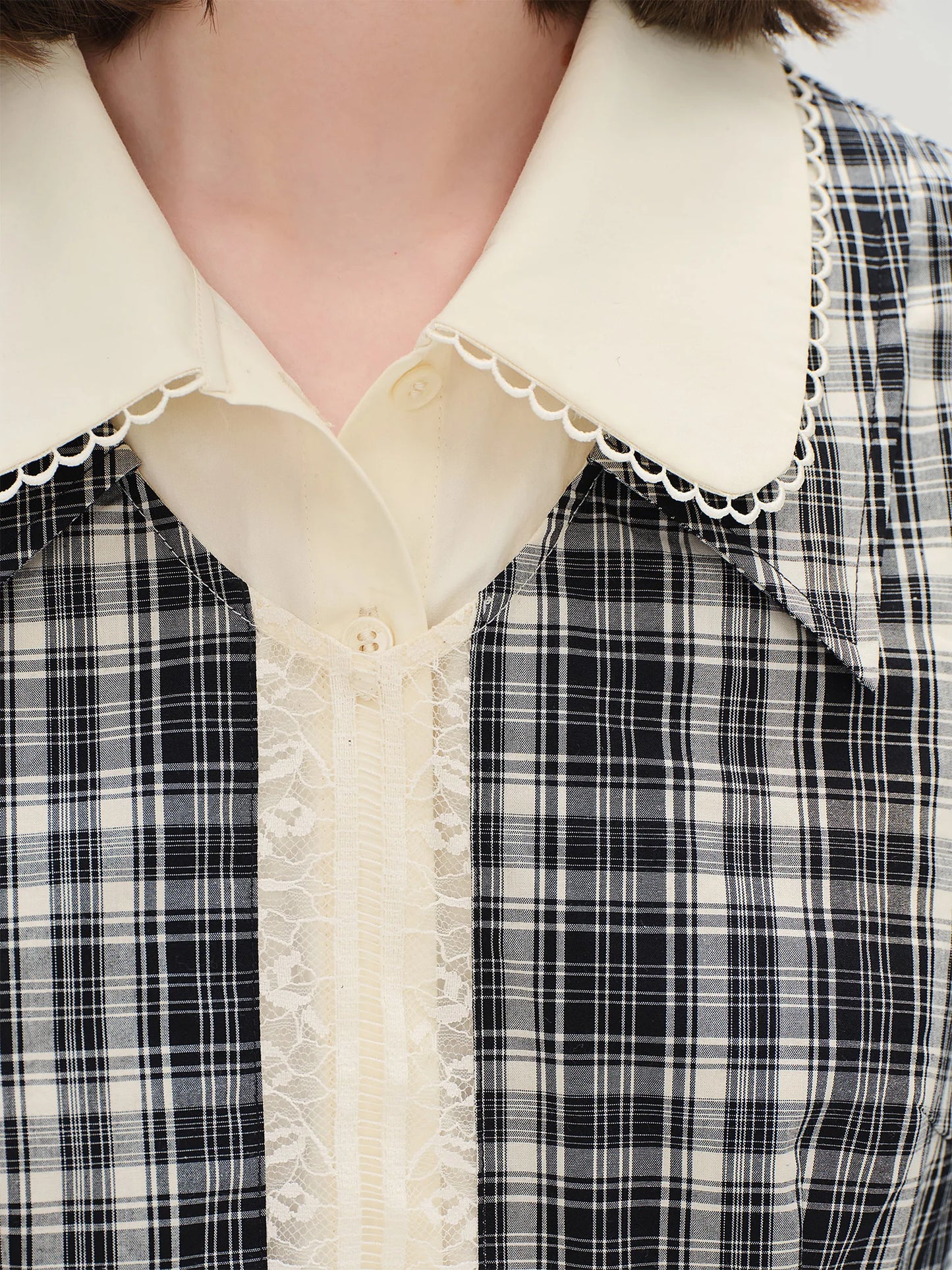 Women's Lace Peter Pan Collar Plaid Dress - Long Sleeve Vintage Style