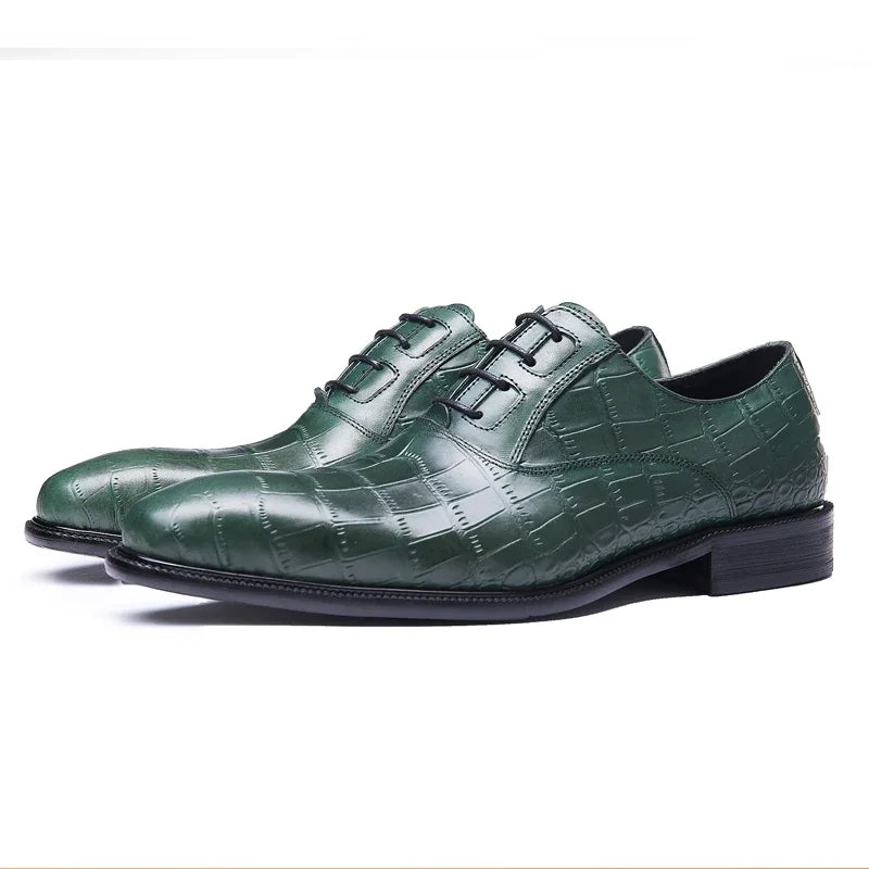 Crocodile Pattern Square Toe Brogue Leather Oxford Shoes