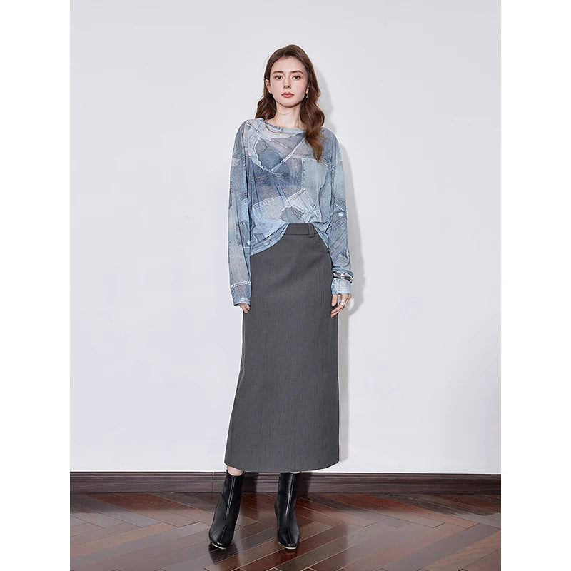 Women's Long Sleeve Denim Printed Round Neck See-through Undercover Skin T Shirt