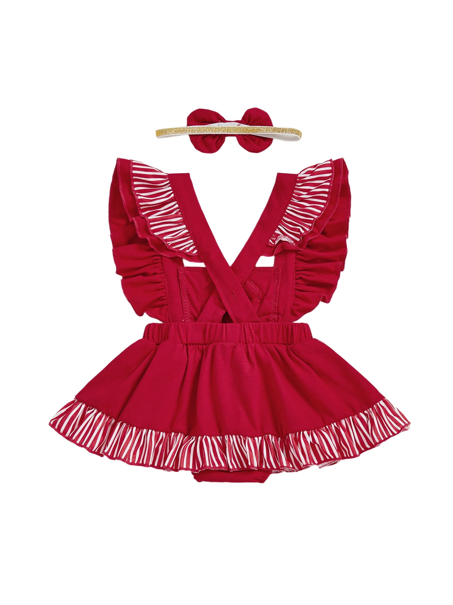 Baby Girls Christmas Romper Dress - Gingerbread Man Flying Sleeve Jumpsuit with Bow Headband (0-18M)