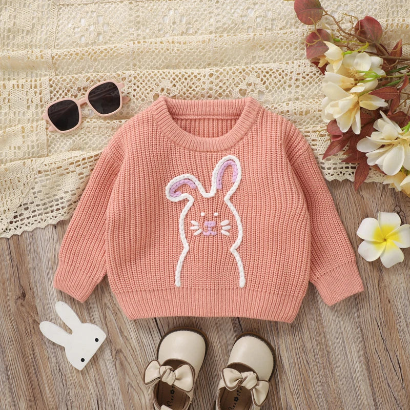 0-3Y Baby Girls Easter Sweater Rabbit Embroidery Long Sleeve Crew Neck Knitwear Pullover Outwear