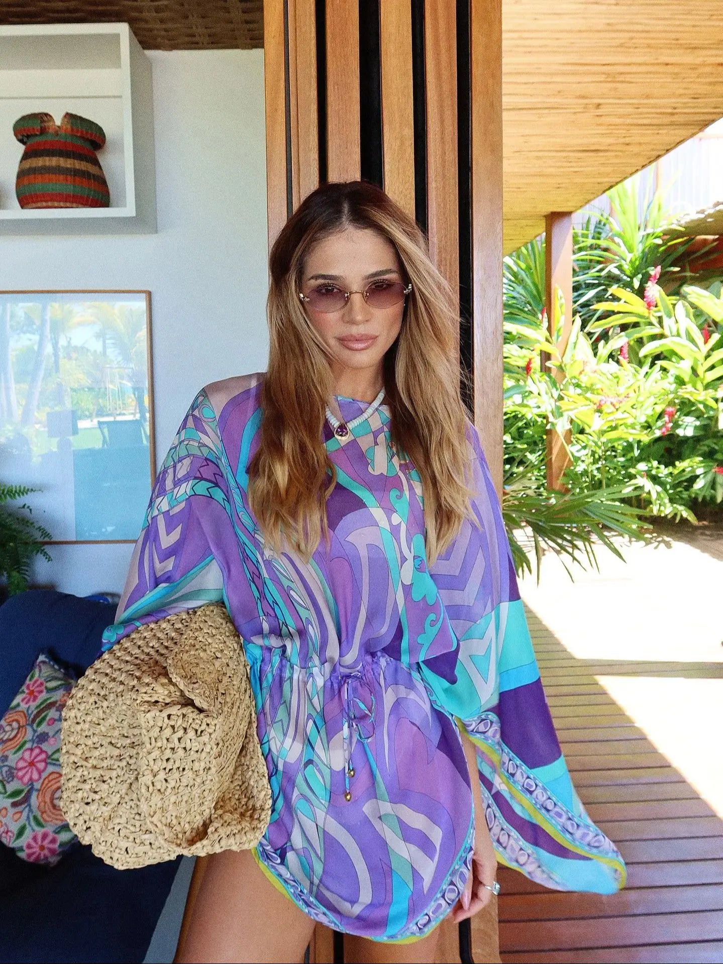 Printed Long Sleeve Mini Dress - Ruched Beach Cover Up