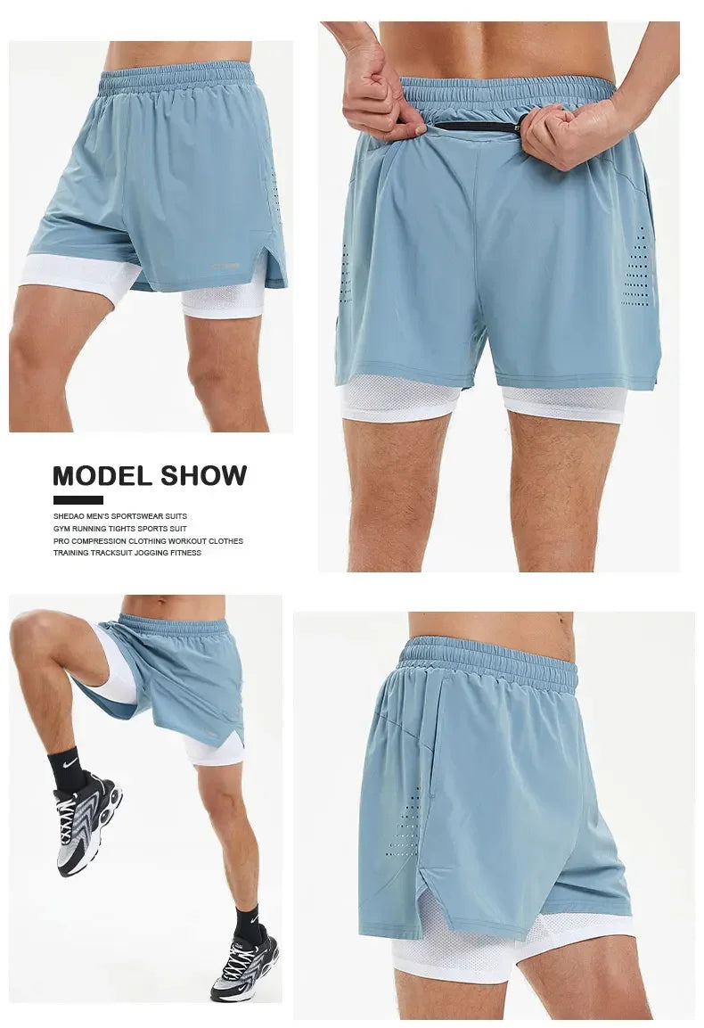 Men's Summer Swim Gym Sportswear 2 in 1 Compression Jogging Shorts Beach Casual Pants Double-deck Bottoms with Zipper Pockets
