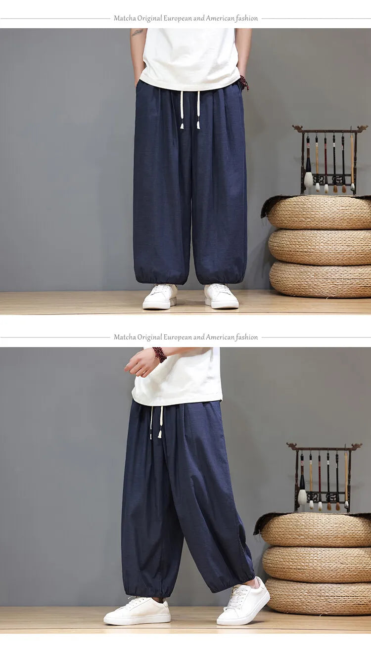 Men's Summer Wide Leg Pants Casual  Breathable Loose Ankle Length  Harem Trousers