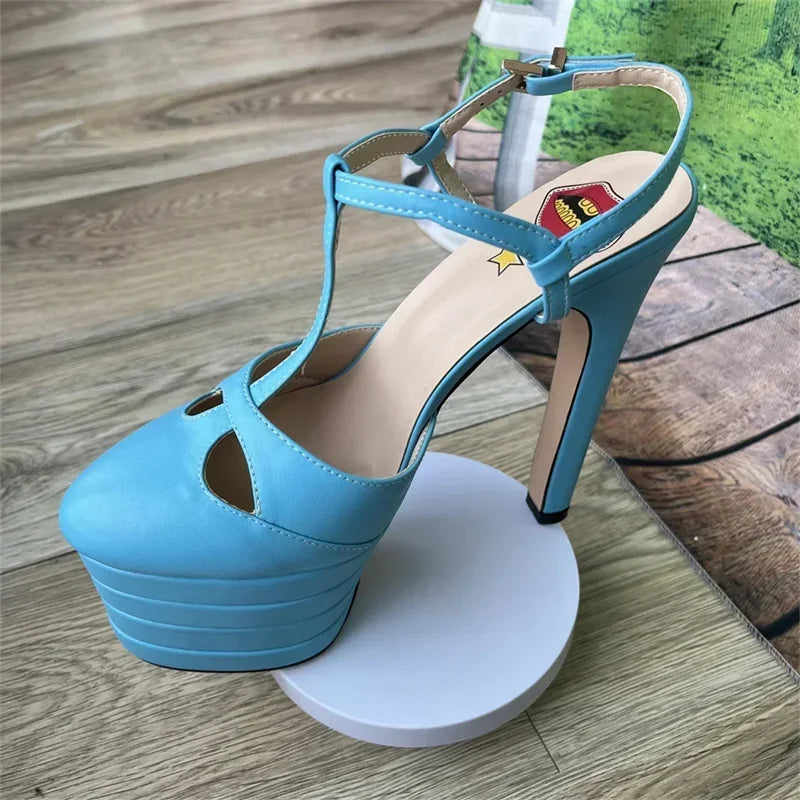 Women's Leather Platform Sandals - Wedge Heel Rivet T-Strap Sandals