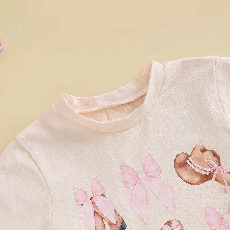 2pcs Kids Girls Summer Clothes Set Short Sleeve Bow Boots Print T Shirt and Tulle Skirt 0-5Y