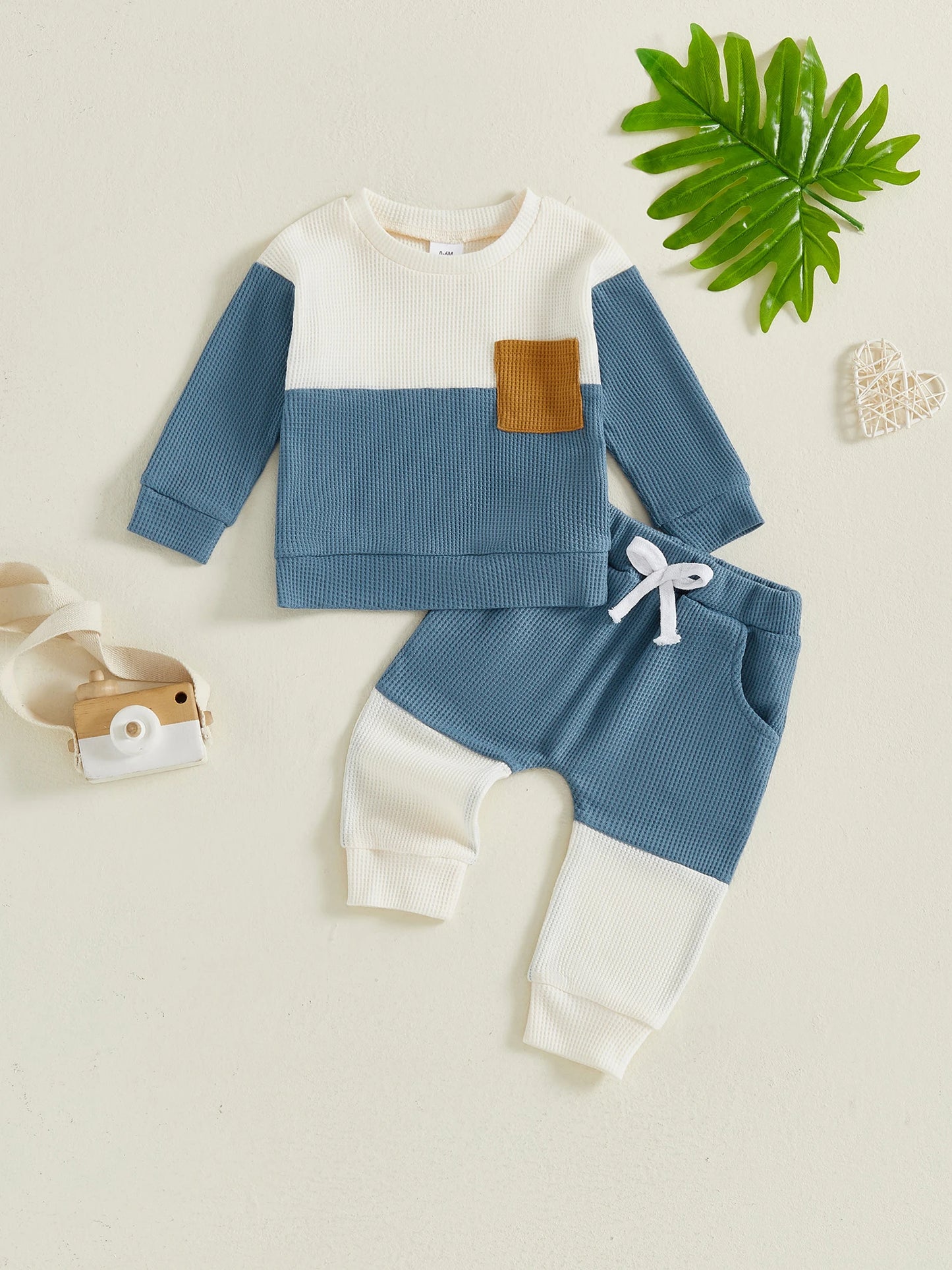 Casual Baby Boys Clothes Set - Long Sleeve Waffle Top & Elastic Waist Pants (0-3Y)