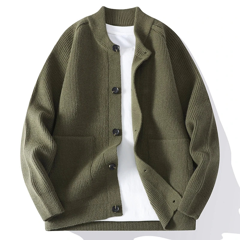 Men's Autumn Winter O-Neck Cardigan - Solid Colour Knit Sweater Coat