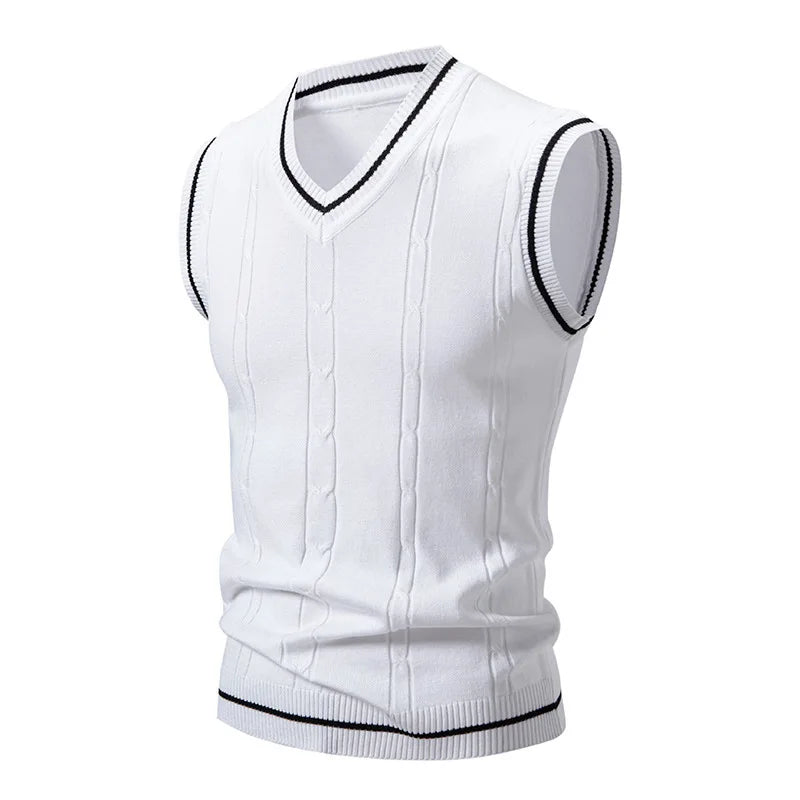 Men's V-Neck Knit Vest - Slim Fit Sleeveless Patchwork Sweater Vest for Autumn Winter