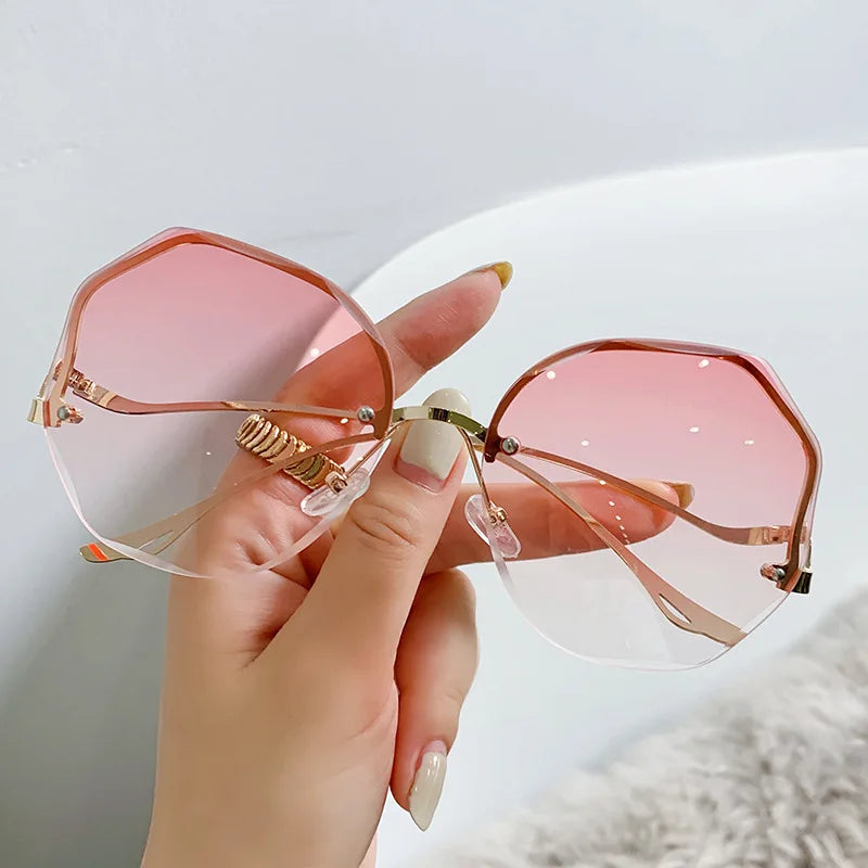 Large Frame Gradient Sunglasses - Frameless Metal Polygonal UV400 for Women