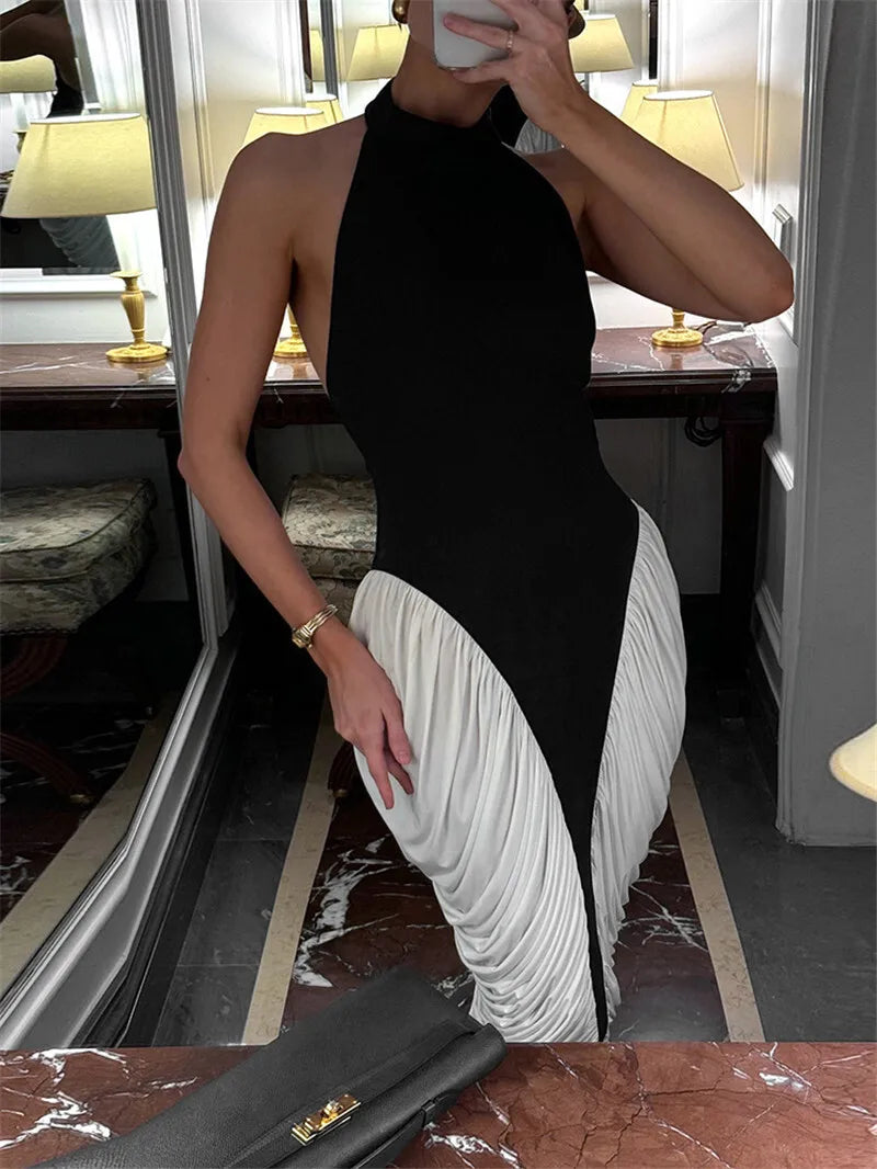 Women's Patchwork Halter Backless Midi  Contrast Color Sleeveless Pleated Long Dress