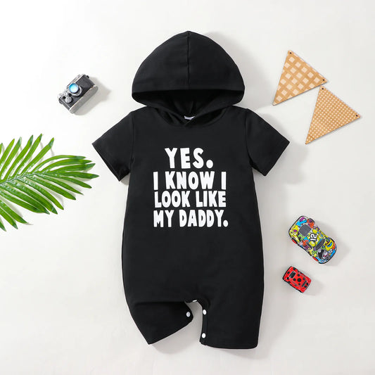 Baby's "Yes I Know I Look Like My Daddy" Short Sleeve Hooded Romper Jumpsuit Babygrow