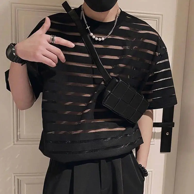 Men's Mesh Striped Round Neck Short Sleeve Transparent T-Shirt