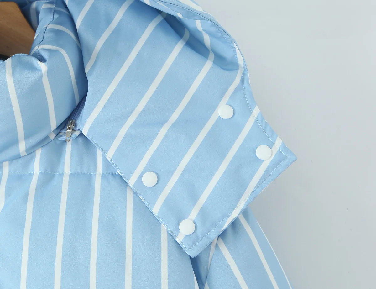 Striped Hooded Bread Jacket - Front Zipper Long Sleeve Warm Coat