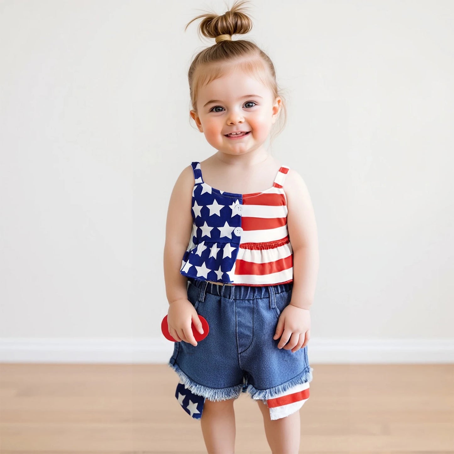 0-4Y Kids Girls American Flag Clothes Sets Star Stripe Print Camisole and Elastic Raw Denim Shorts