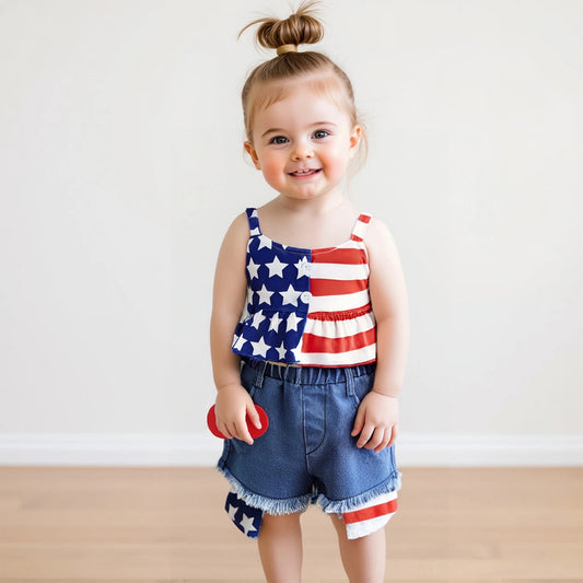 0-4Y Kids Girls American Flag Clothes Sets Star Stripe Print Camisole and Elastic Raw Denim Shorts