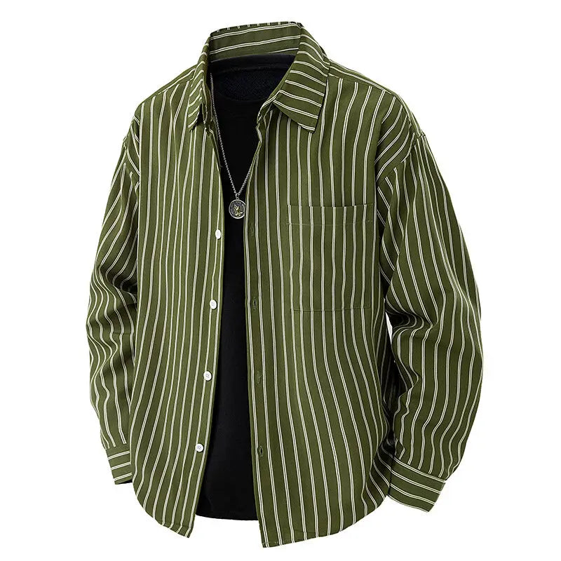 Men's Japanese Style Striped Casual Shirt - Long Sleeve Turn Down Collar