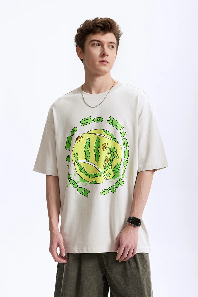 Men's Tennis Graphic Cotton T-Shirt American Vintage Tee Streetwear Loose Fit Crew Neck Short Sleeve